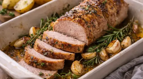 Un délicieux médaillon de porc rôti, tranché et servi dans un plat avec des pommes de terre, de l'ail et des herbes. Une recette parfaite pour un repas savoureux.