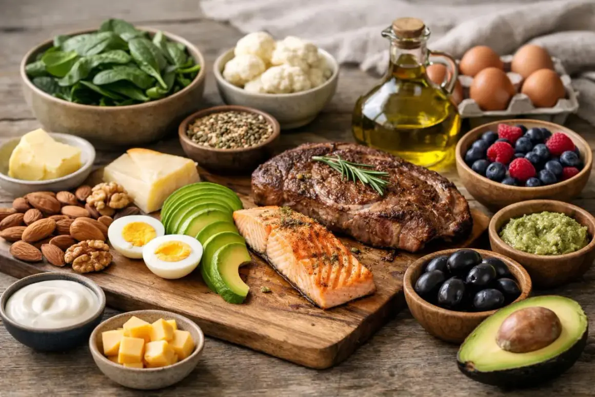 Une assiette keto avec steak, saumon, avocat, œufs, baies, noix, fromage et légumes verts.