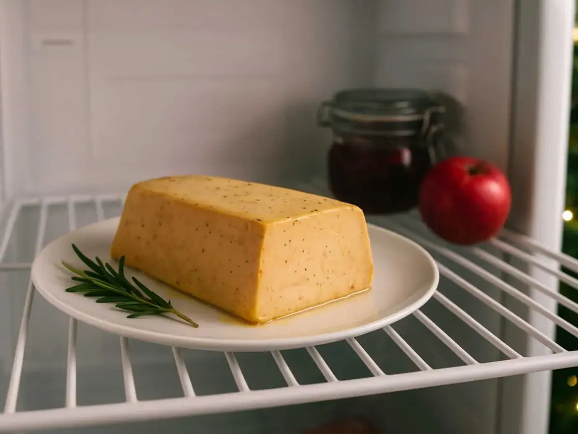 Bloc de foie gras frais sur une assiette, prêt à être découpé en tranches. Une pomme rouge et un pot de confiture sont à proximité dans le réfrigérateur.