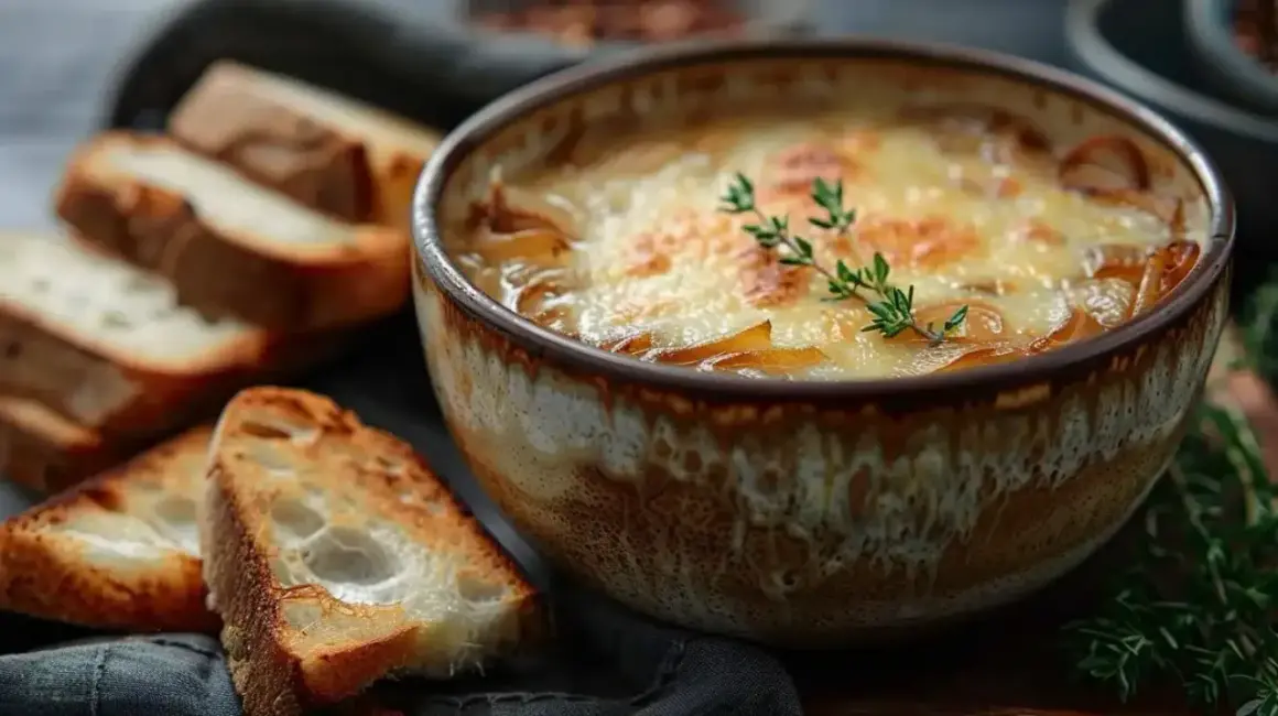 Un bol de soupe à l'oignon gratinée, avec son fromage doré et quelques tranches de pain grillé à côté.