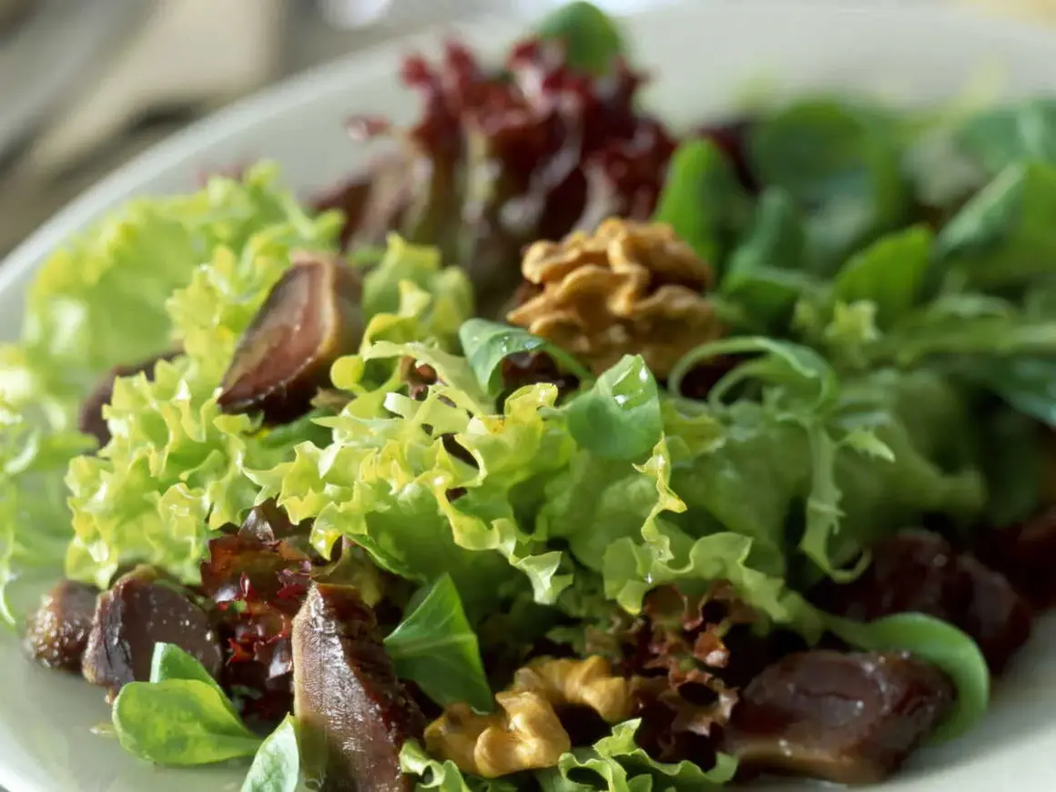 Salade périgourdine appétissante avec des morceaux de magret de canard, des noix croquantes et un mélange de laitues fraîches.
