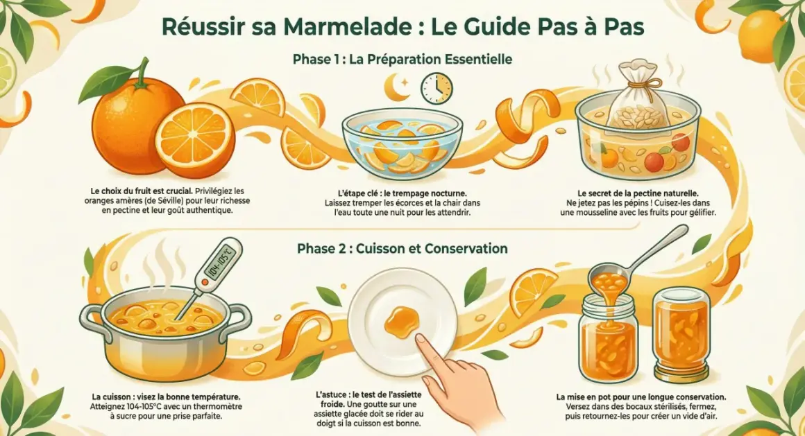Guide pour réussir sa marmelade. Il explique la différence entre marmelade et confiture par la préparation, cuisson et conservation des fruits.