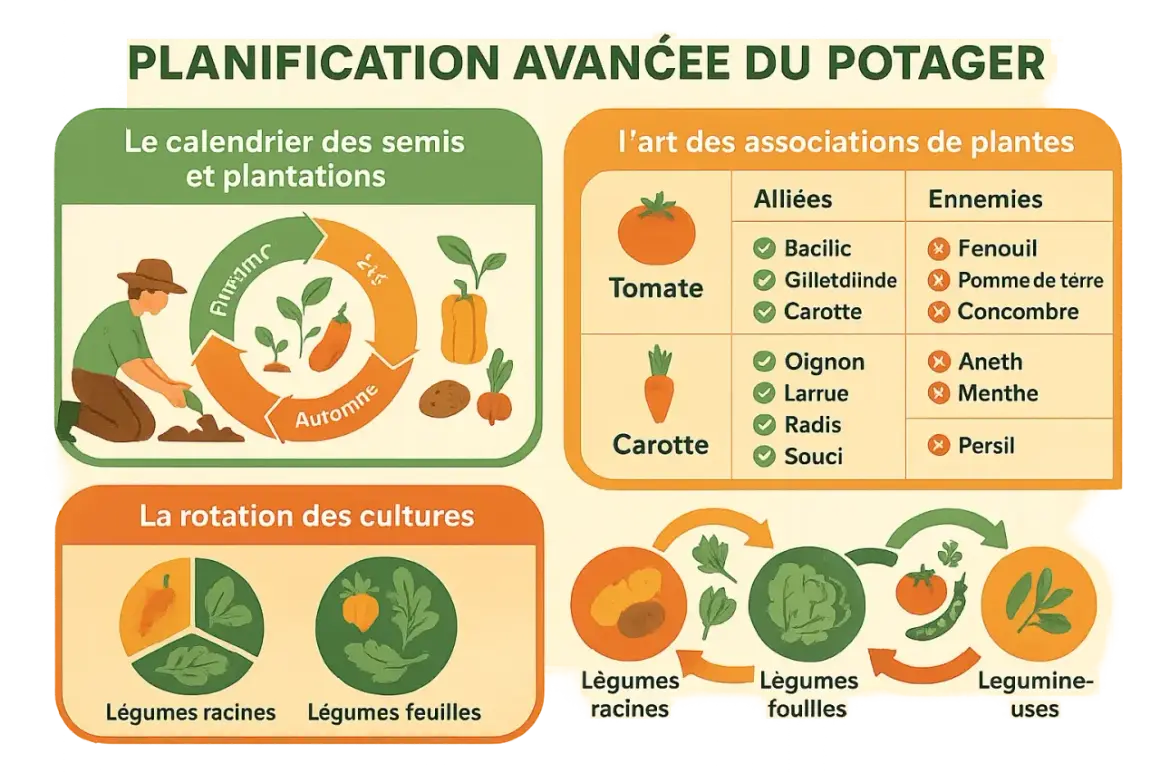 Illustration sur la planification d'un potager : calendrier, rotation des cultures et association de plantes en permaculture.