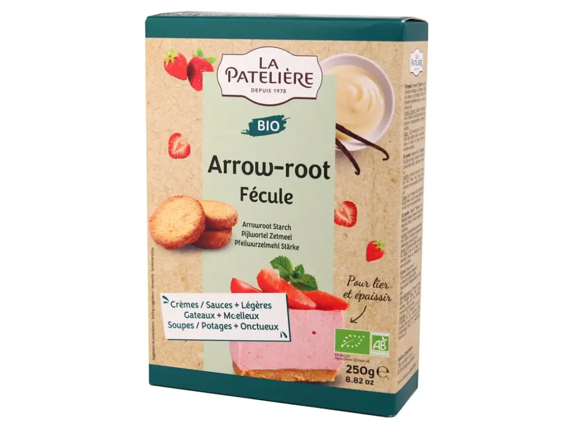 Boîte de fécule Arrow-root bio de La Patelière, illustrée de fraises, biscuits et d'une part de gâteau rose. Idéal pour lier et épaissir vos préparations.