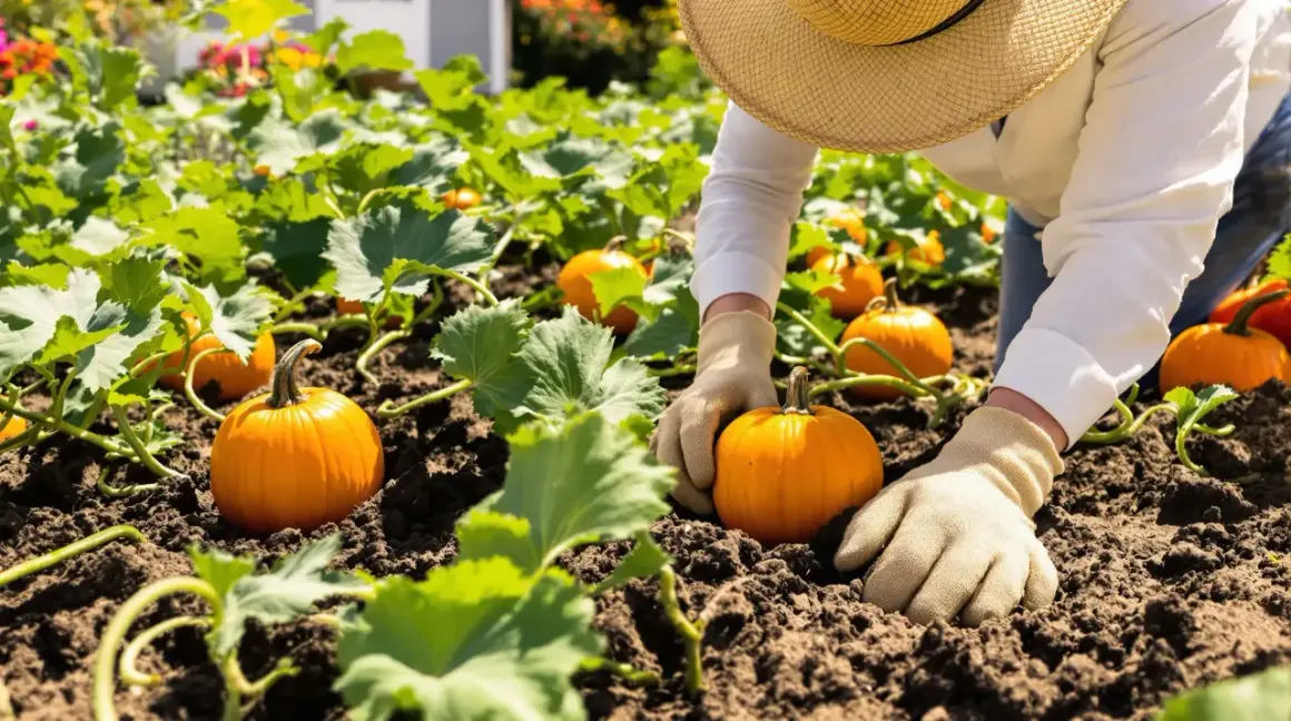 Un jardinier en chapeau de paille et gants vérifie de petites citrouilles dans un champ. C'est le moment idéal pour savoir quand planter des citrouilles.