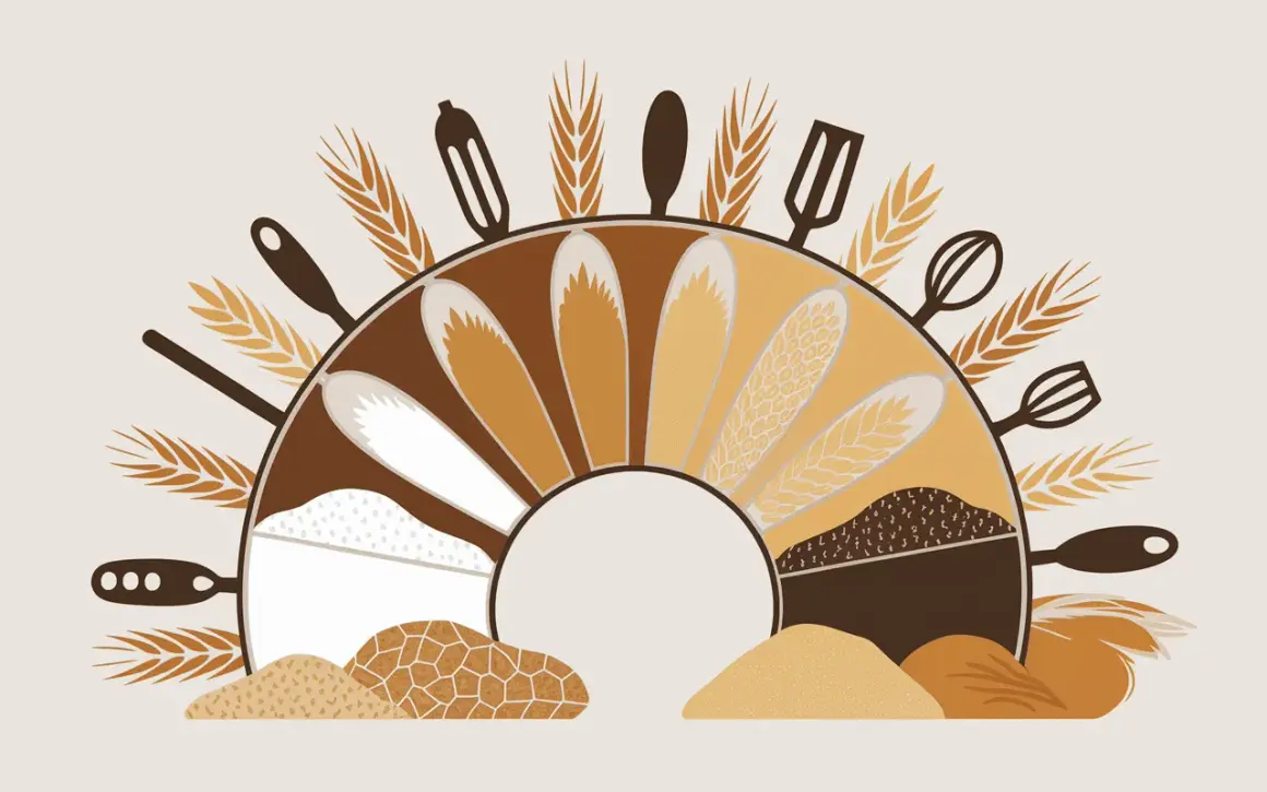 Illustration d'ustensiles de cuisine et d'épis de blé entourant un éventail de différentes farines, dont la farine de froment gluten, symbolisant la boulangerie.