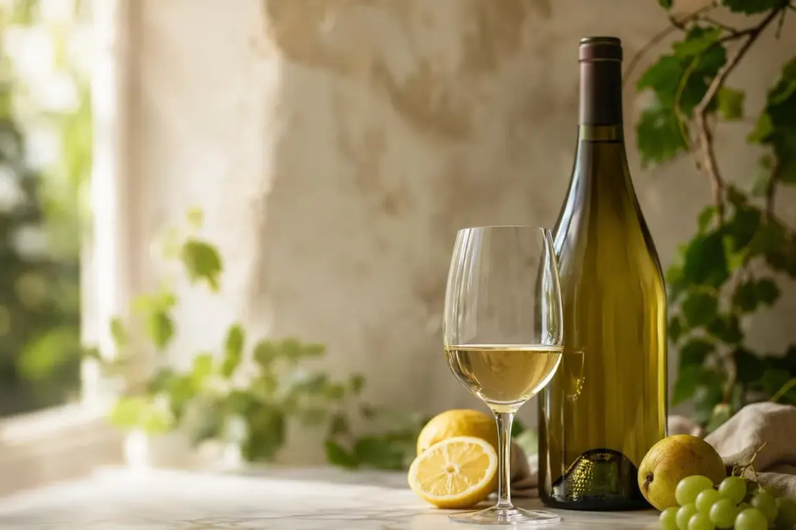 Verre de vin blanc, bouteille, citrons et raisins. Parfait pour savoir que manger avec un sauvignon blanc.