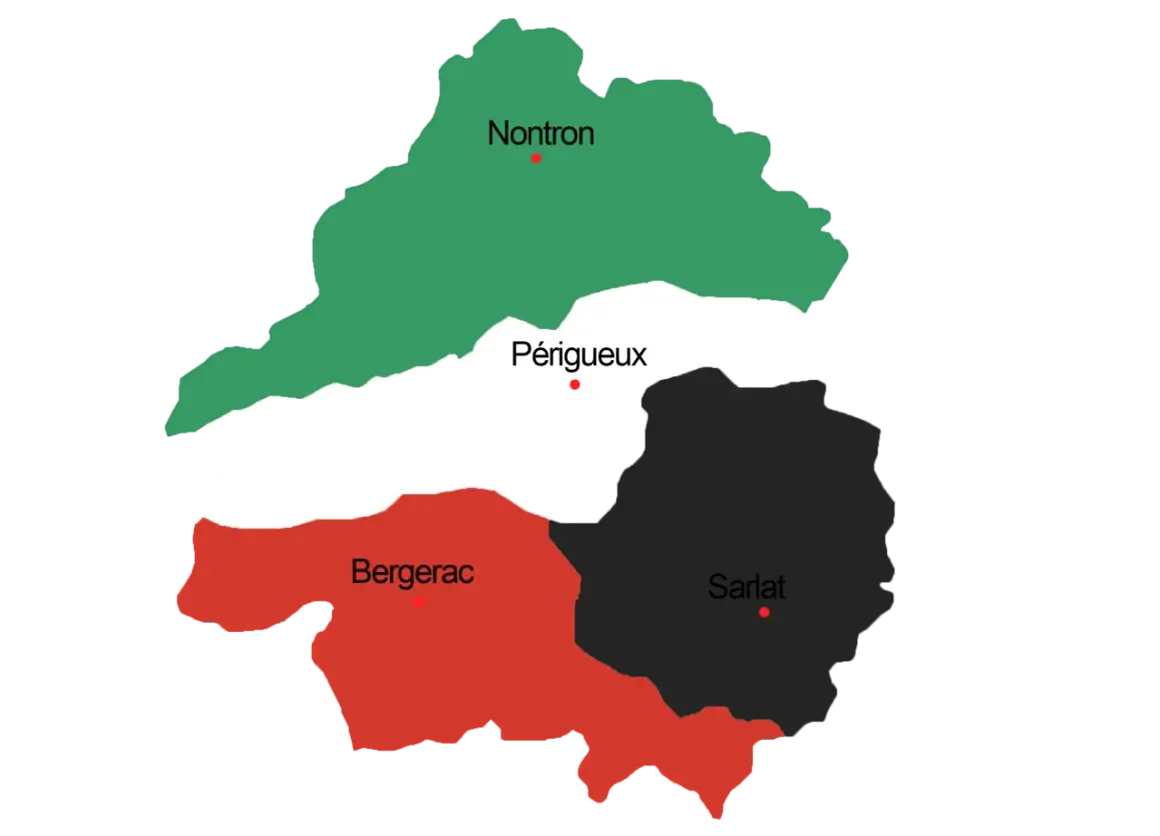 Carte du Périgord divisé en Périgord Vert (Nontron), Périgord Blanc (Périgueux), Périgord Pourpre (Bergerac) et Périgord Noir (Sarlat).