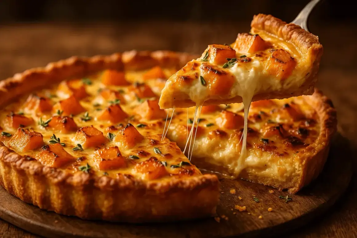 Une part de tarte courge et chèvre fondante, avec du fromage filant et des dés de courge dorés, garnie de thym frais.