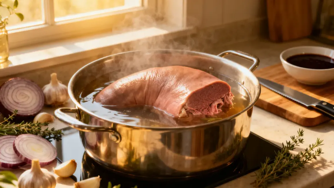 Une langue de bœuf mijote dans une casserole, prête pour une recette savoureuse. Oignons, ail et herbes aromatiques sont disposés autour.