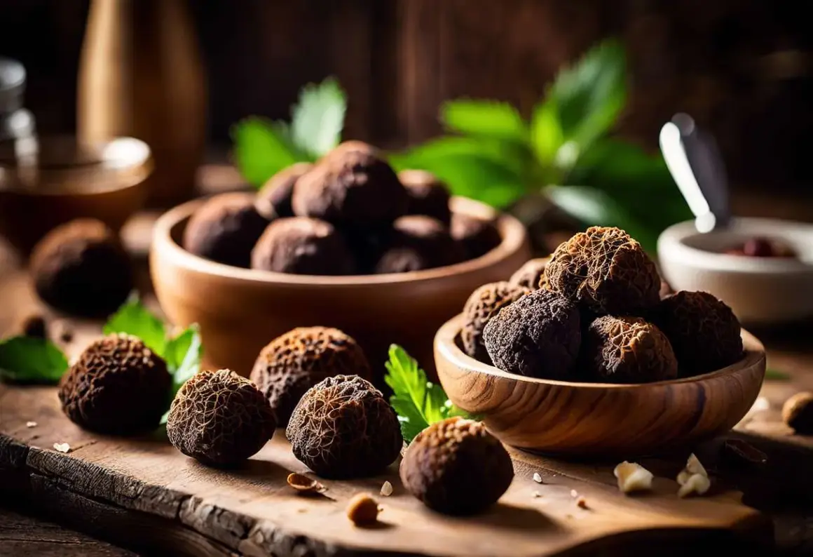 Des truffes noires, trésors du pays de la truffe, reposent dans des bols en bois, promesse d'arômes subtils.