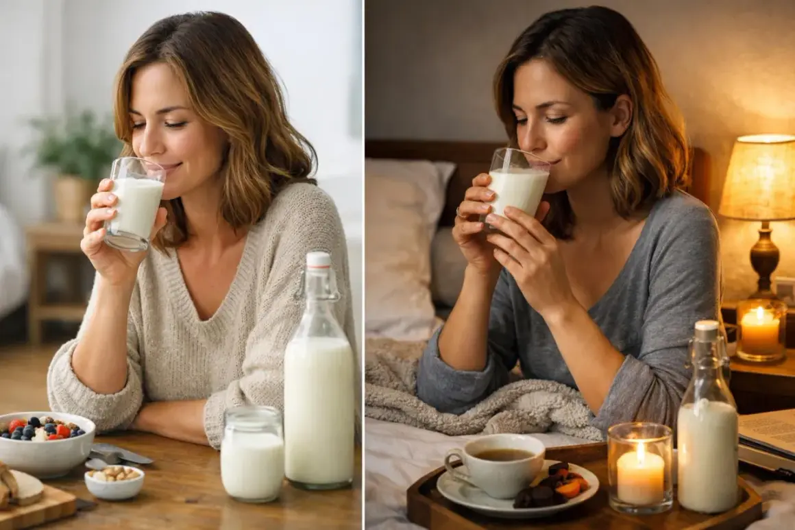 Femme savourant un verre de kéfir, au petit-déjeuner ou au lit. Un moment de bien-être pour savoir quand boire du kéfir.