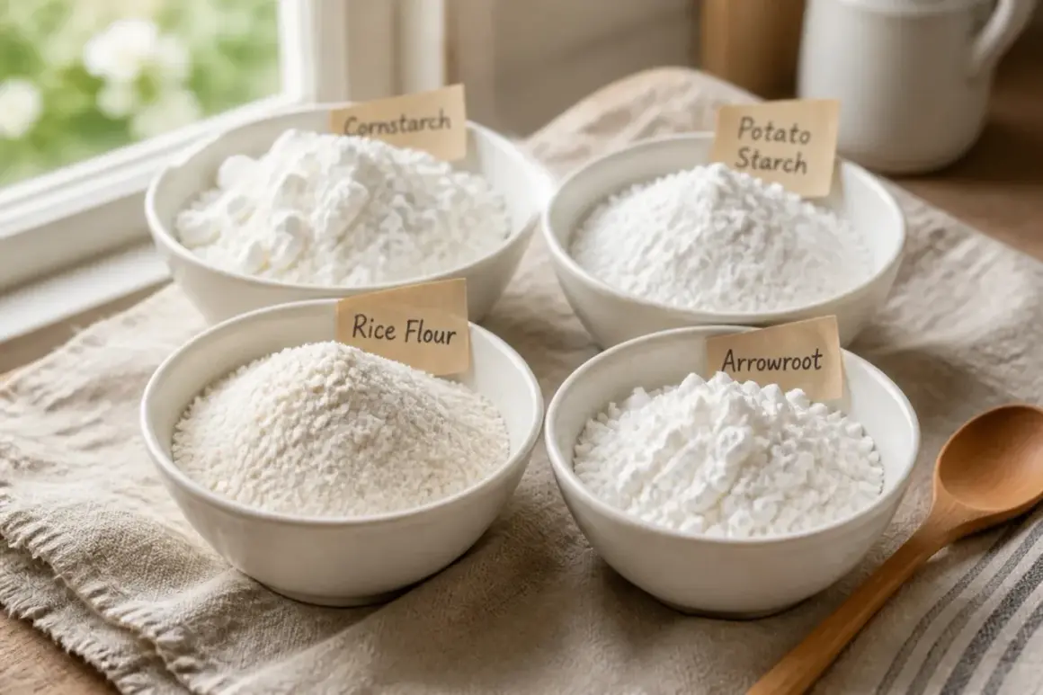 Quatre bols de poudres blanches : fécule de maïs, fécule de pomme de terre, farine de riz et arrow-root. Des alternatives pour remplacer l'arrow-root.