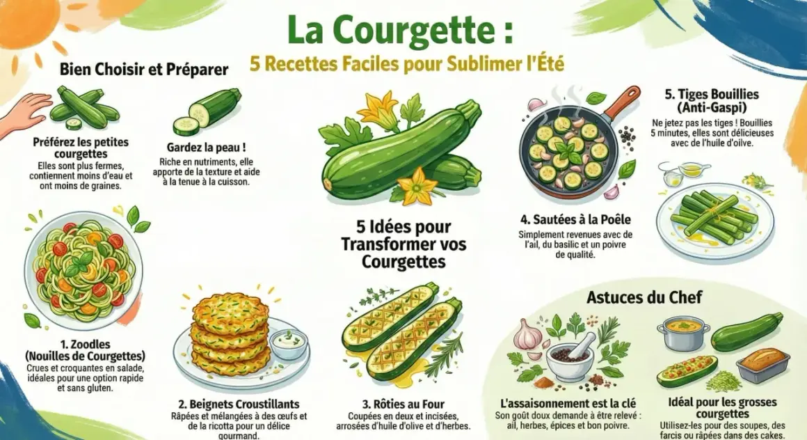 Infographie sur la courgette : 5 recettes faciles pour l'été. Choisir de petites courgettes, garder la peau. Idées : zoodles, beignets, rôties, sautées, tiges bouillies. Semis courgette combien de temps ?