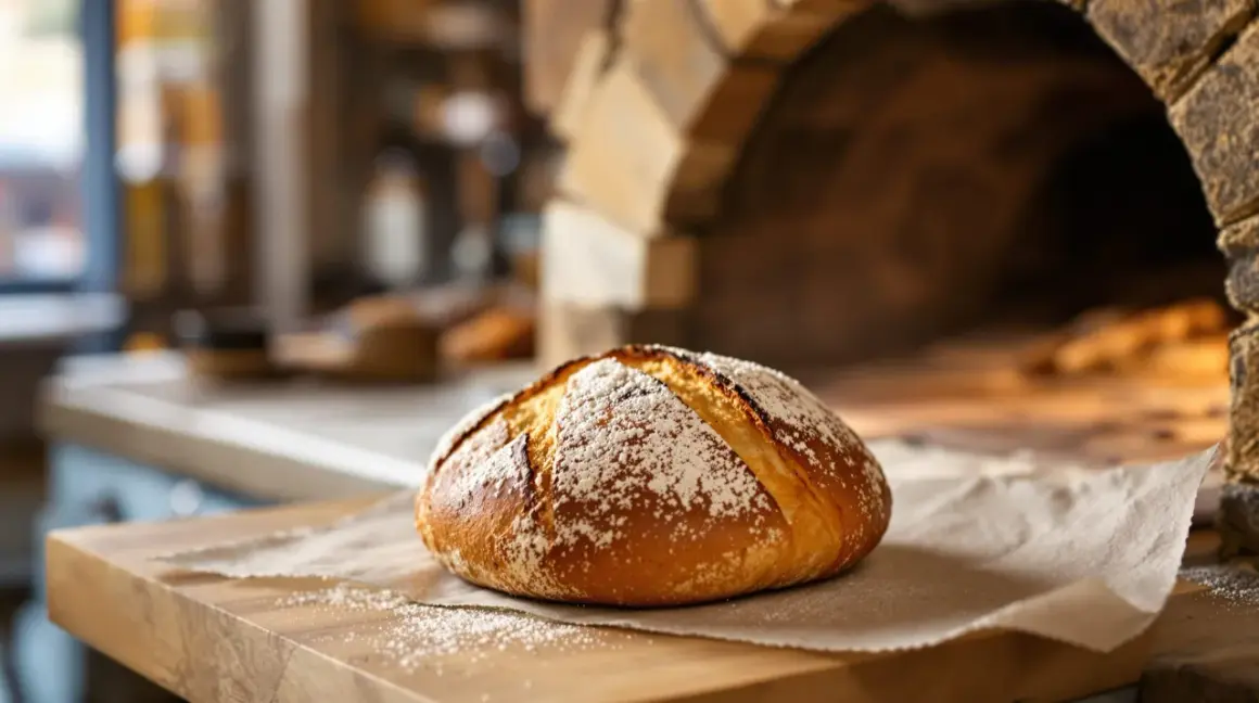 Un pain doré, saupoudré de farine, prêt à être dégusté. La préfou recette traditionnelle, tout juste sorti du four à bois.