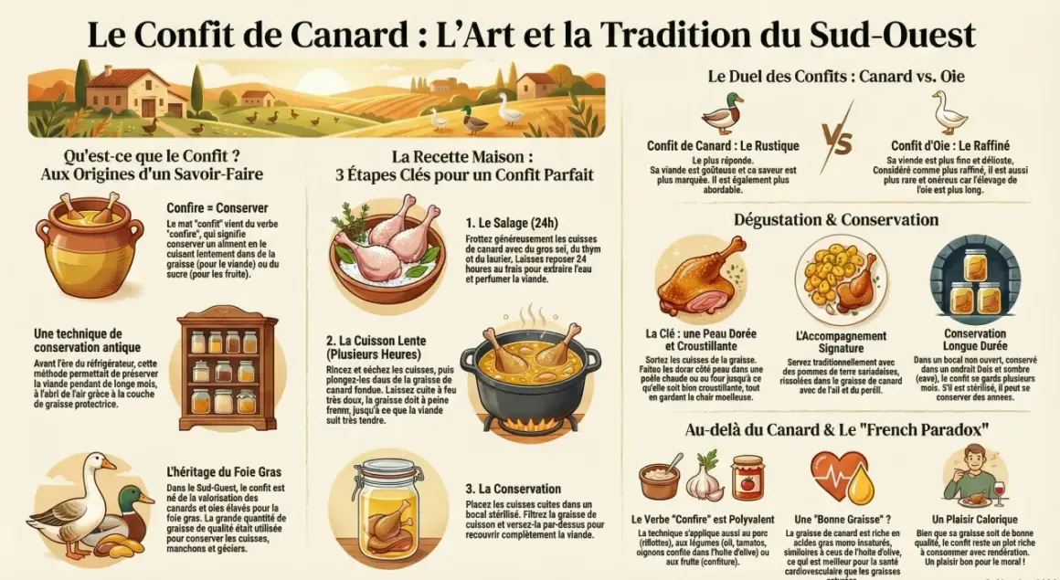 Le confit de canard, un plat rustique du Sud-Ouest, est comparé à l'oie. Le conflit de canard est une tradition culinaire.