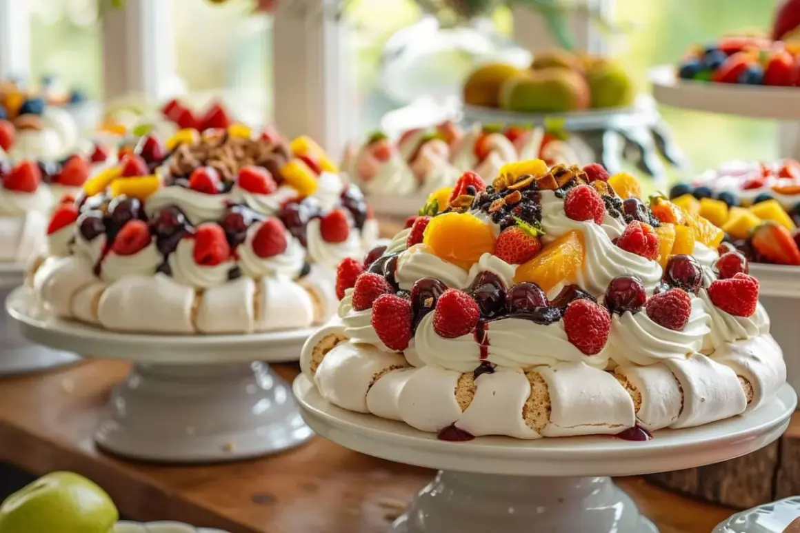 Pavlovas aux fruits, un dessert aérien dont l'origine pays est disputée entre l'Australie et la Nouvelle-Zélande.