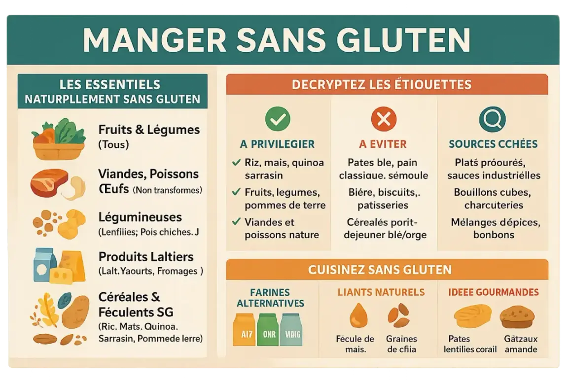Guide pour manger sans gluten : aliments à privilégier (fruits, légumes, viandes), à éviter (pâtes, pain classique) et sources cachées. Idées gourmandes sans gluten.