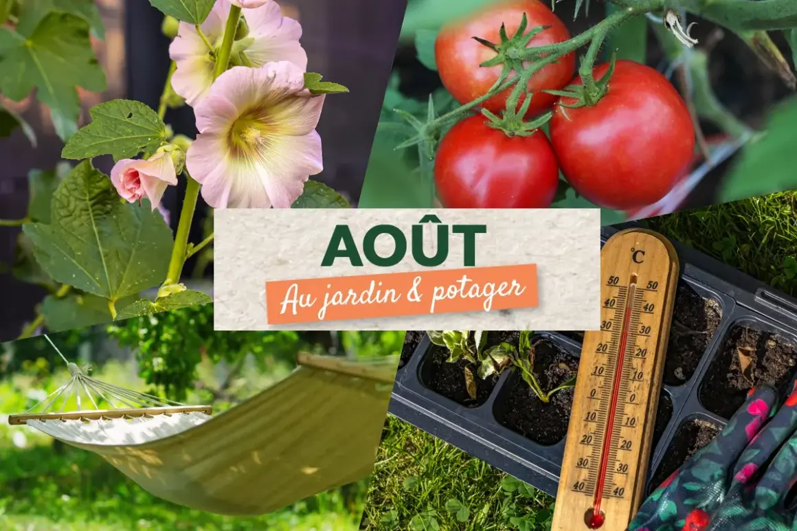Collage montrant des fleurs de mauve, des tomates mûres, un hamac, un plateau de semis et un thermomètre. Idéal pour savoir quoi semer en août-septembre au jardin.