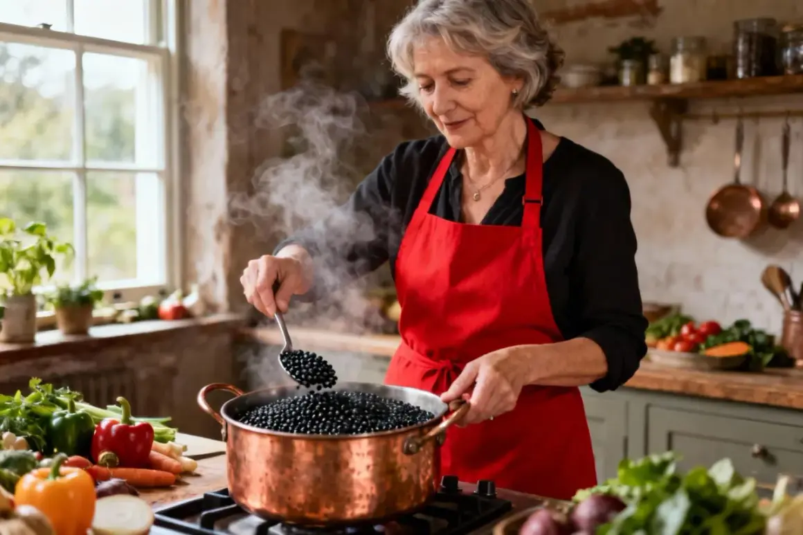 Une femme prépare une recette de lentilles beluga dans sa cuisine. La vapeur s'échappe d'une casserole en cuivre remplie de lentilles noires.
