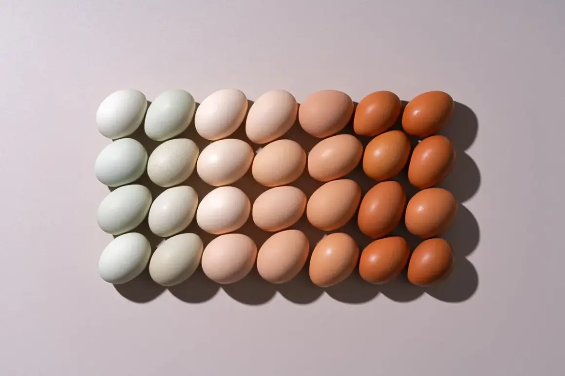Rangées d'œufs de différentes couleurs, du blanc au brun. Les oeufs bio sont-ils meilleurs ? La variété suggère une diversité d'origine.