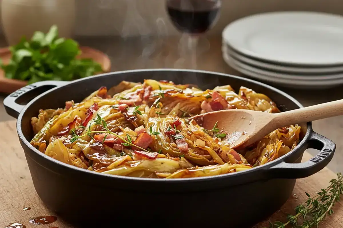 Un plat fumant de chou braisé aux lardons, garni de thym frais, servi dans une cocotte en fonte. Une cuillère en bois est prête à servir ce délice réconfortant.