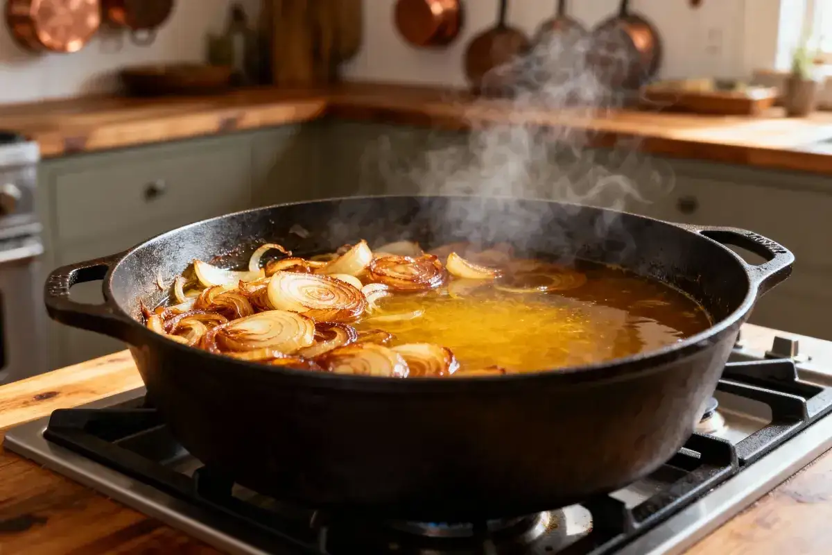 Une poêle en fonte débordante de rondelles d'oignons dorés mijote dans un bouillon fumant, promettant les bienfaits soupe à l'oignon.