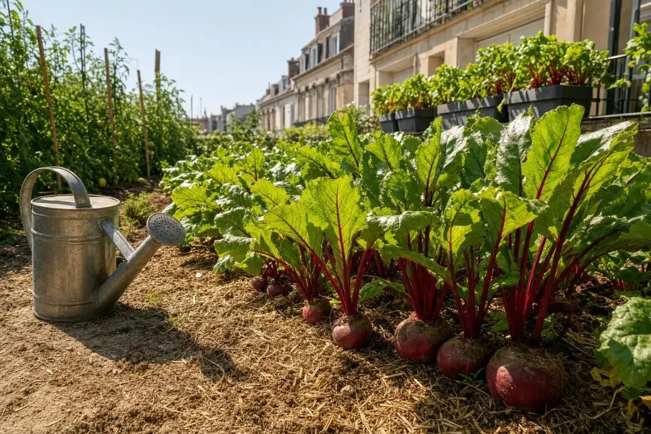 Arrosoir pr&egrave;s de betteraves rouges dans un potager urbain. On peut planter des betteraves jusqu'&agrave; la fin de l'&eacute;t&eacute;.