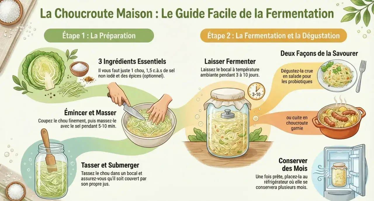 Guide pour faire de la choucroute maison, riche en vitamine C. Pr&eacute;paration, fermentation et d&eacute;gustation expliqu&eacute;es.