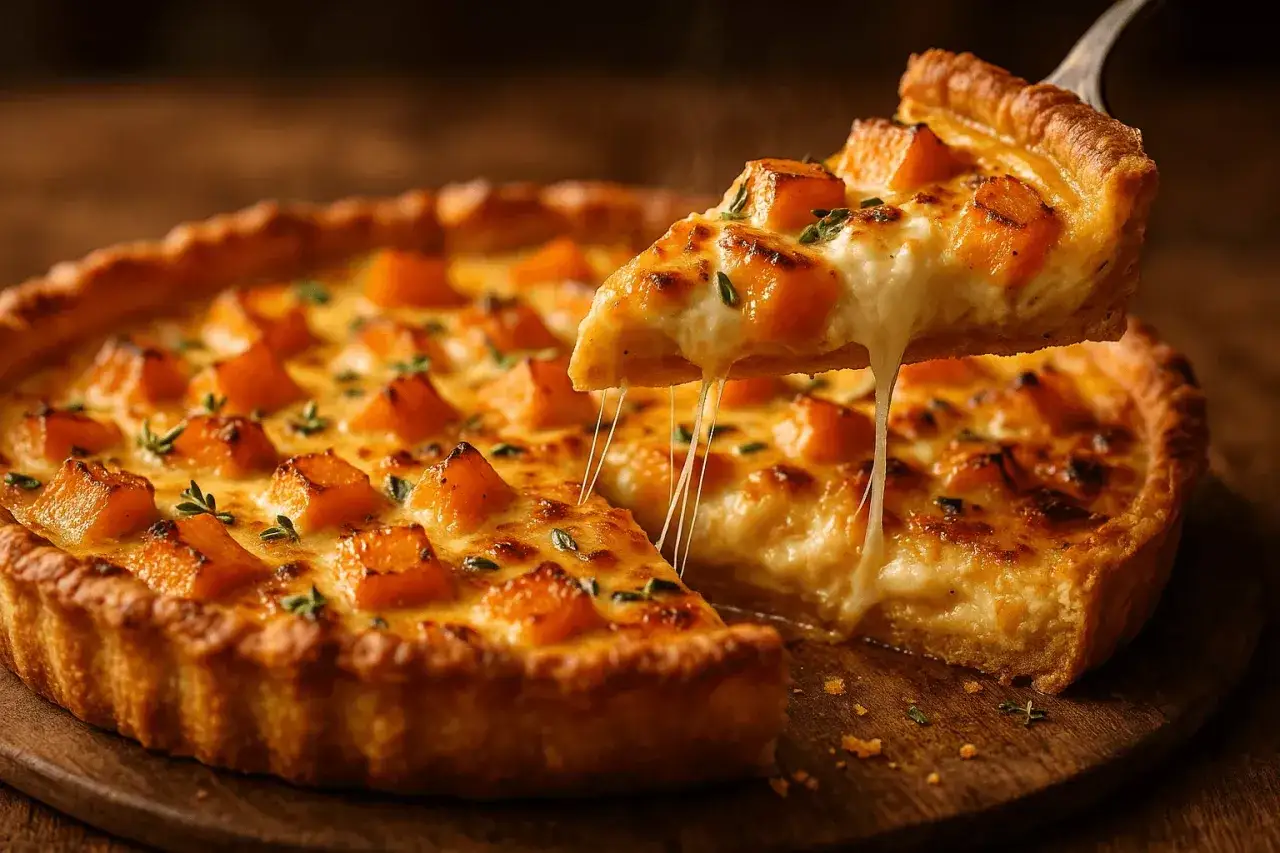 Une part de tarte courge et chèvre fondante, avec du fromage filant et des dés de courge dorés, garnie de thym frais.