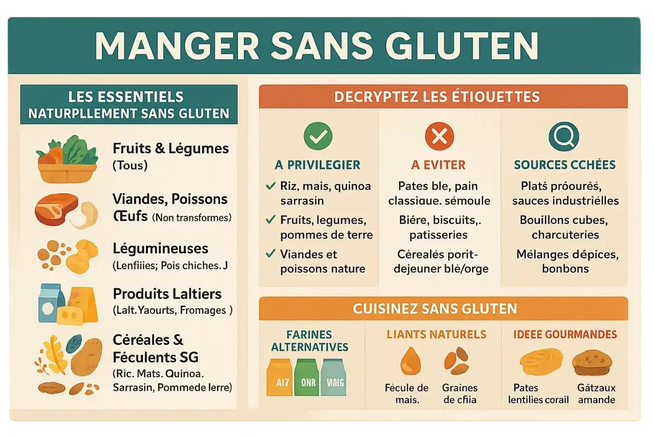 Guide pour manger sans gluten : aliments à privilégier, à éviter, et sources cachées. Idées gourmandes sans gluten.