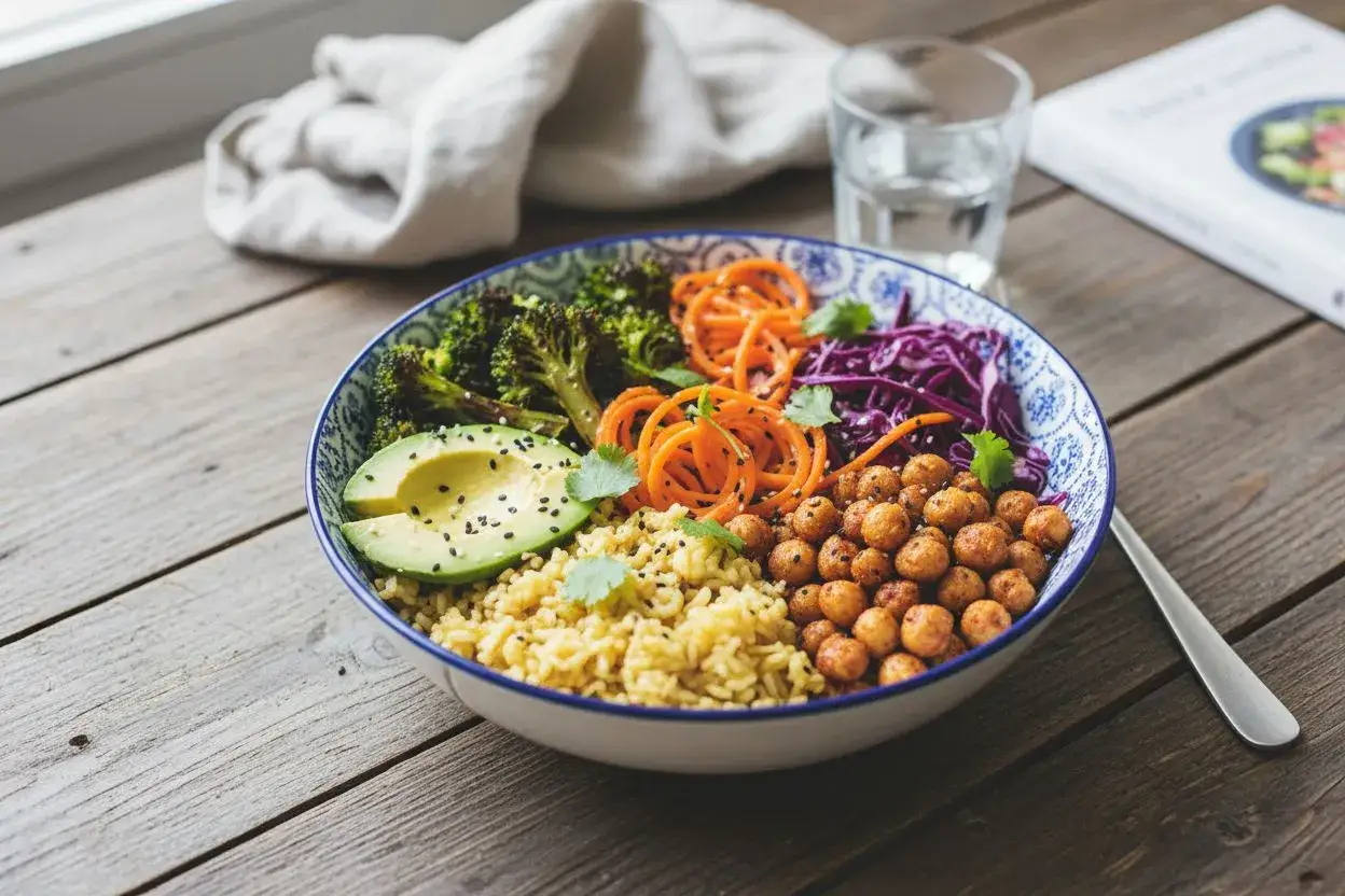Un bol color&eacute; avec du riz, du brocoli, de l'avocat, des carottes en spirales, du chou rouge et des pois chiches, une excellente source de quelles sont les prot&eacute;ines v&eacute;g&eacute;tales.