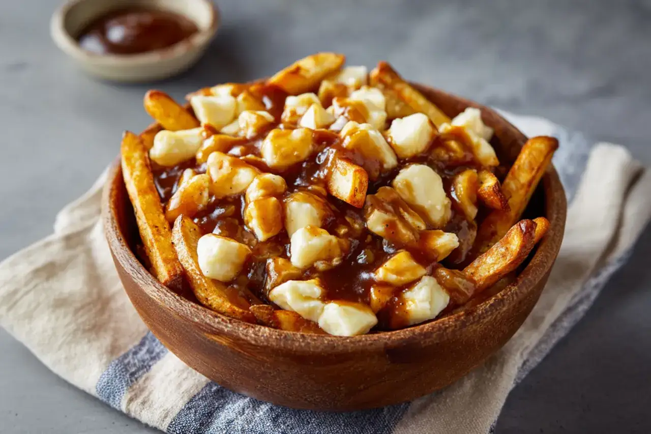Un bol en bois d&eacute;bordant de frites croustillantes, de fromage en grains fondant et de sauce brune onctueuse. Une parfaite recette poutine qu&eacute;b&eacute;coise.