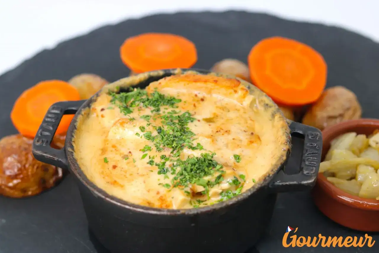 Un plat de poulet Gaston Gérard crémeux et gratiné, garni de persil frais, servi avec des pommes de terre rôties et des rondelles de carottes.