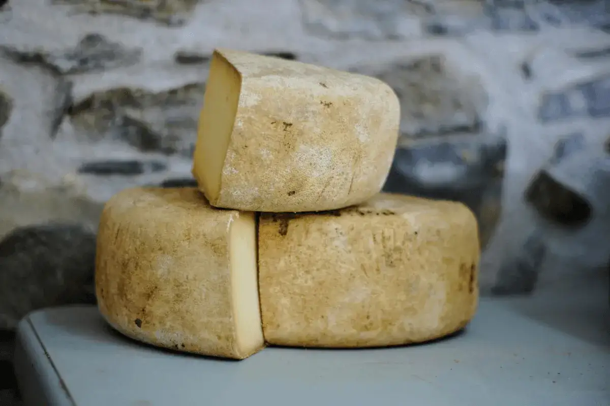 Deux meules de fromage au lait cru, l'une posée sur l'autre, sur un fond de mur en pierre.