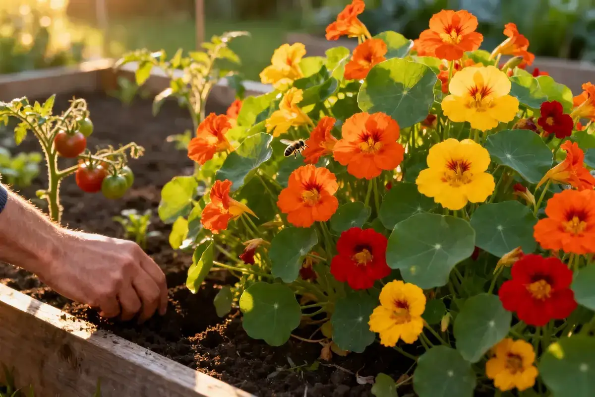Un jardinier plante des capucines color&eacute;es. Le soleil couchant illumine les fleurs, rappelant quand semer les capucines pour une floraison &eacute;clatante.