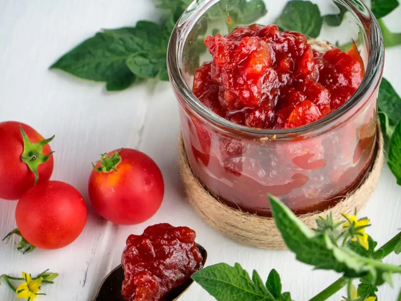 Confiture de tomates rouges maison, parfaite avec du pain grillé ou du fromage. Un délice à découvrir !