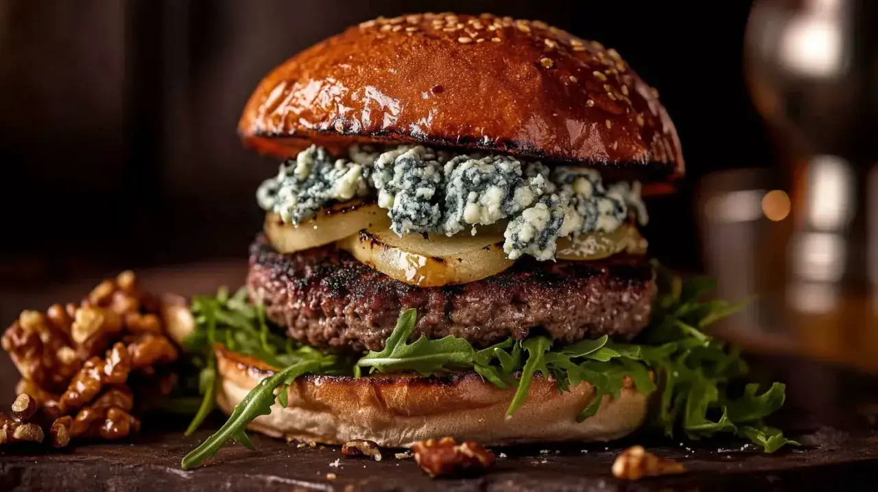 Burger gourmand avec un g&eacute;n&eacute;reux fromage bleu &eacute;miett&eacute;, des rondelles de poire caram&eacute;lis&eacute;es et une viande juteuse.
