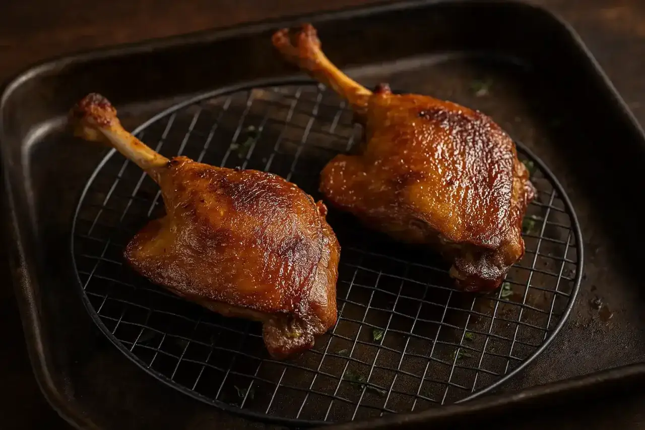 Deux cuisses de canard dor&eacute;es et croustillantes, pr&ecirc;tes &agrave; &ecirc;tre d&eacute;gust&eacute;es. Un vrai conflit de canard pour les gourmands !