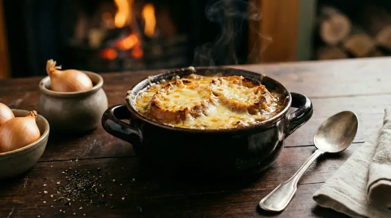 Un réconfortant bol de soupe à l'oignon gratinée, fumant près d'un feu de cheminée. Des oignons bruts sont disposés à côté.