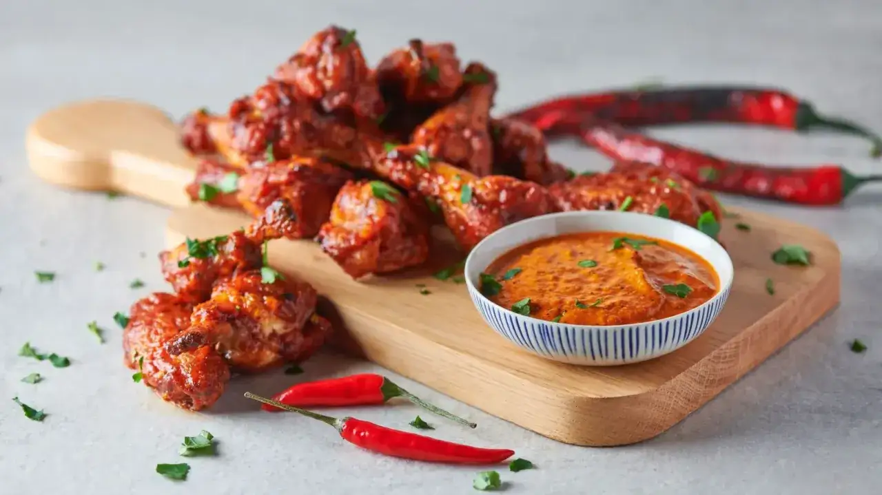 Ailes de poulet &eacute;pic&eacute;es o piri piri, servies avec une sauce cr&eacute;meuse et des piments rouges sur une planche en bois.