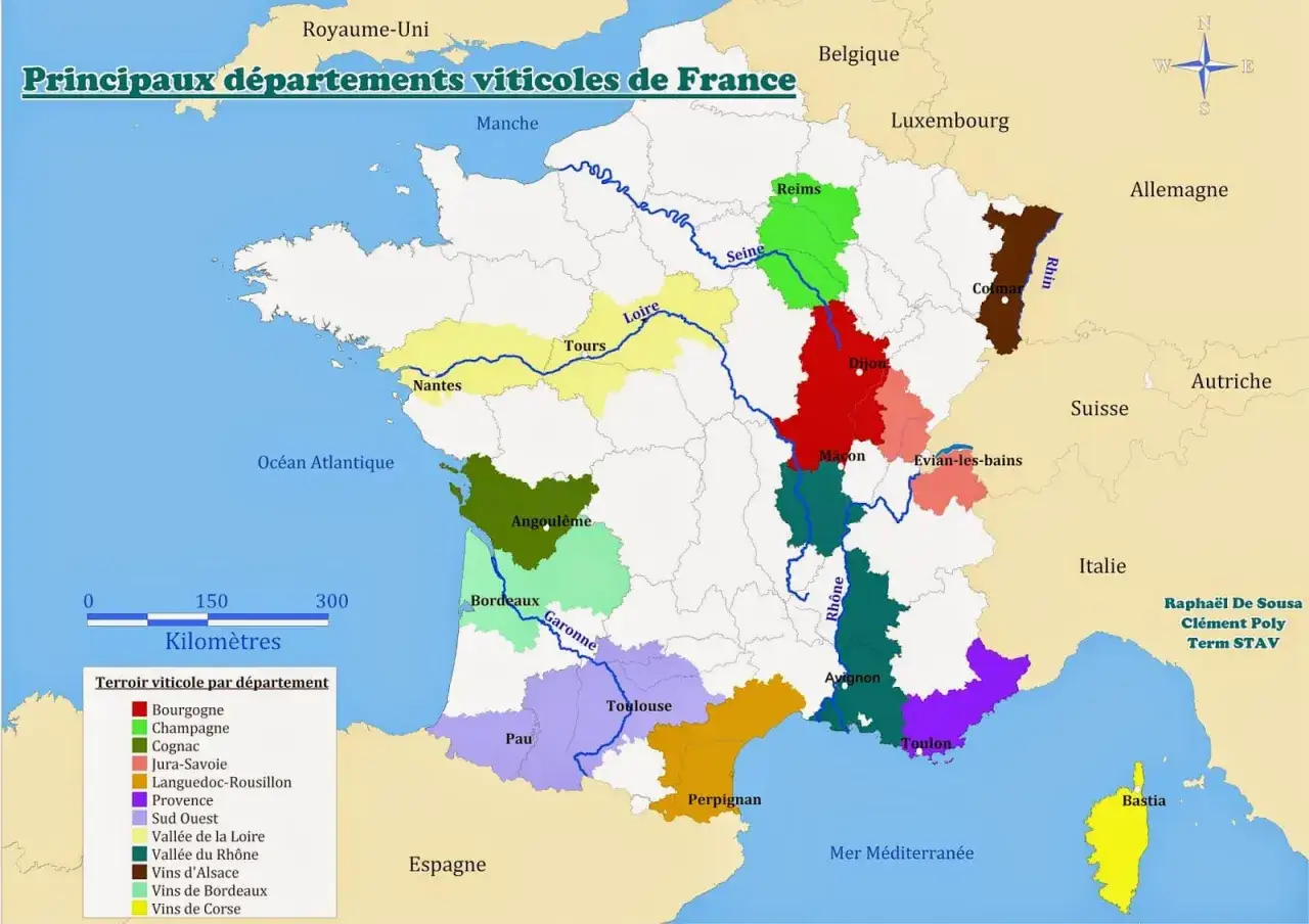 Carte des principaux d&eacute;partements viticoles de France. Une liste de terroirs viticoles, incluant le vin rouge, est pr&eacute;sent&eacute;e.
