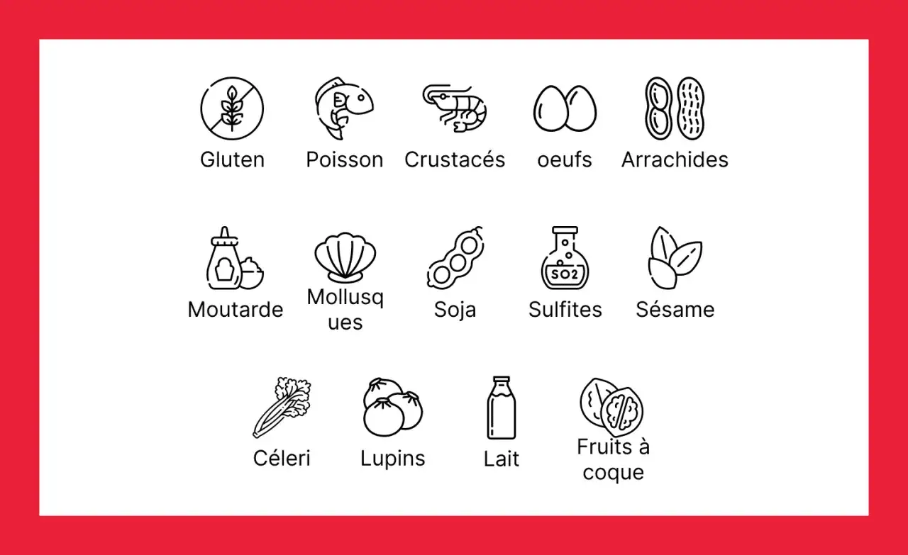 Ic&ocirc;nes d'allerg&egrave;nes : gluten (bl&eacute;), poisson, crustac&eacute;s, &oelig;ufs, arachides, moutarde, mollusques, soja, sulfites, s&eacute;same, c&eacute;leri, lupins, lait, fruits &agrave; coque.