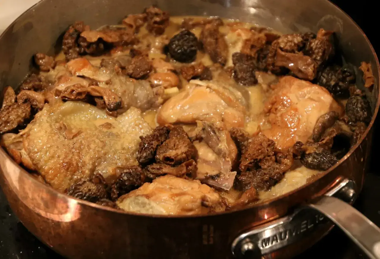 Délicieuse poularde de Bresse mijotant avec des morilles dans une sauce crémeuse. Une recette gourmande à savourer.