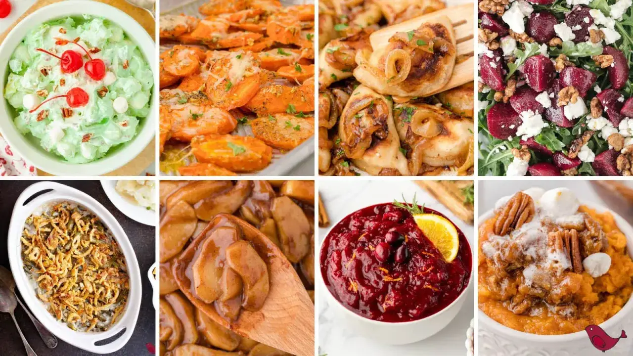 Un assortiment de plats festifs pour un accompagnement repas No&euml;l : salade verte, patates douces, gratin, compote de pommes, canneberges et pur&eacute;e de courge.