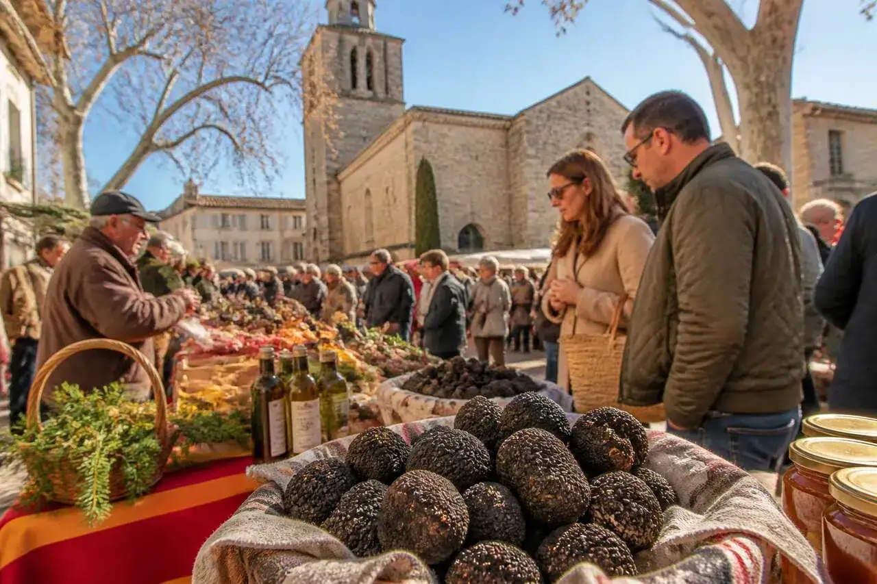 March&eacute; anim&eacute; dans le pays de la truffe, avec des paniers d&eacute;bordant de ces pr&eacute;cieux champignons noirs, des bouteilles d'huile et des produits locaux.