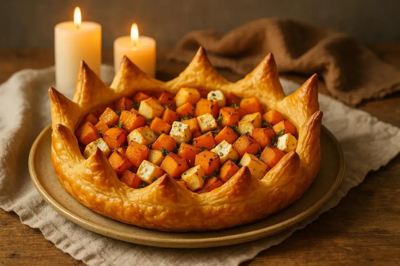 Une tarte dor&eacute;e aux d&eacute;s de courge et fromage, bord&eacute;e de pointes de p&acirc;te feuillet&eacute;e, parfaite pour une entr&eacute;e chaude festive.