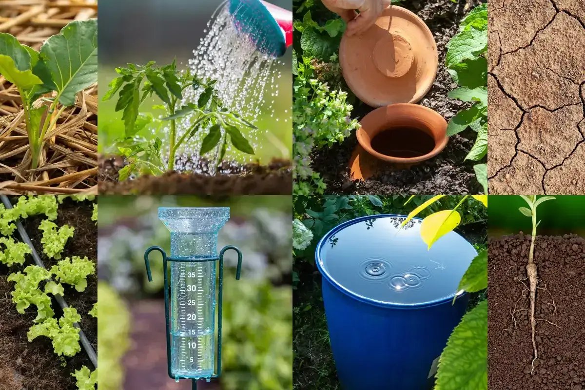 Collage de jardin : jeunes plants, arrosage, pluviomètre, terre craquelée, baril d'eau. Faut-il arroser en ce moment ?