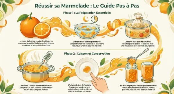 Guide pour réussir sa marmelade. Il explique la différence entre marmelade et confiture par la préparation, cuisson et conservation des fruits.
