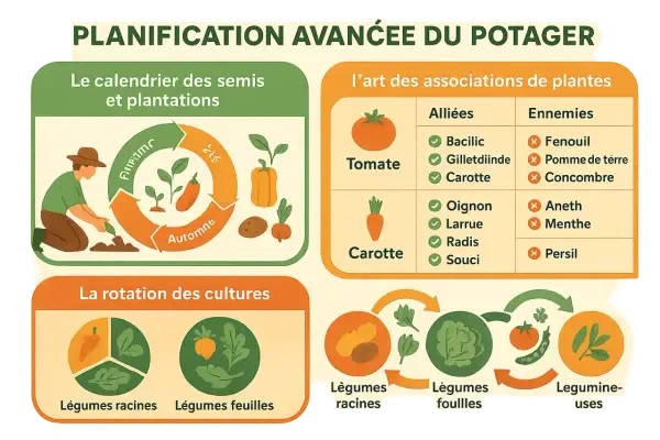 Illustration sur la planification d'un potager : calendrier, rotation des cultures et association de plantes en permaculture.